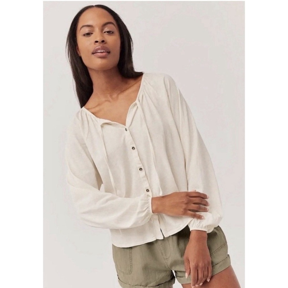 Pact Peasant Top Neutral Cream Organic Cotton & Linen Minimalist Women's Medium